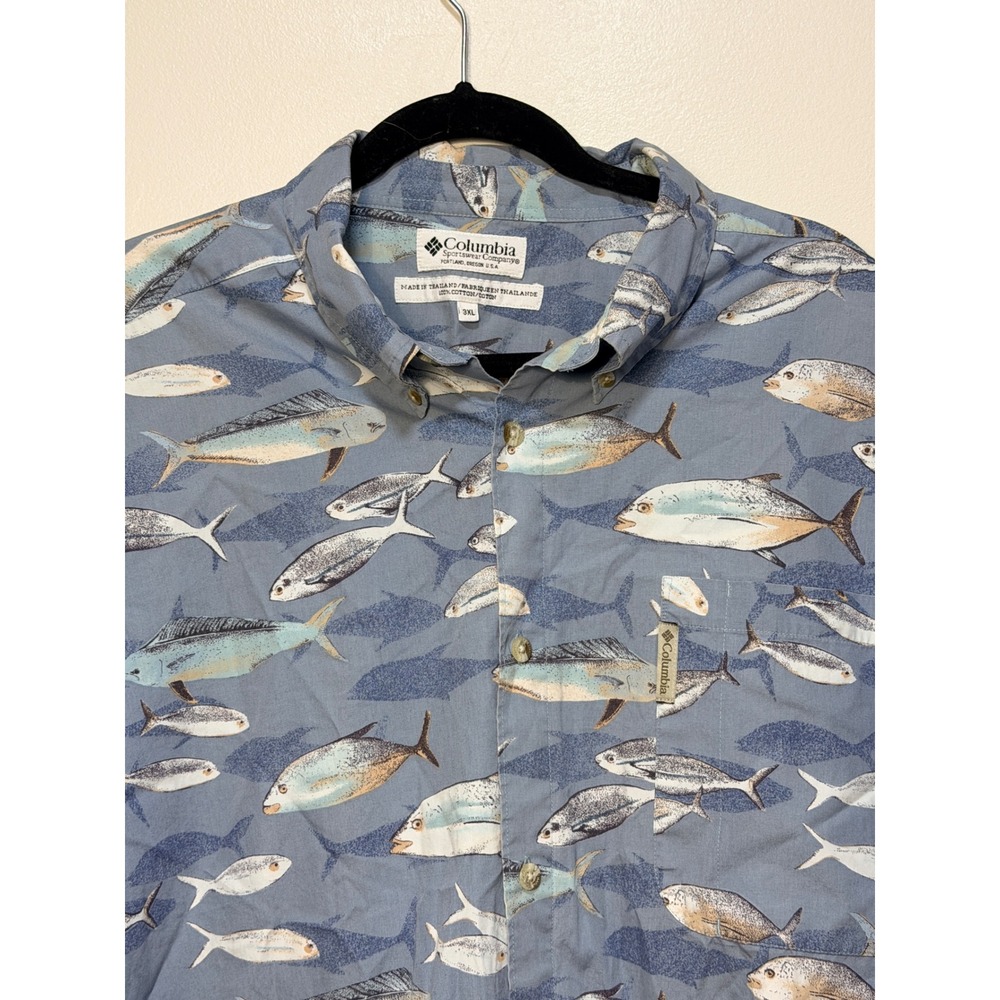 Columbia Shirt 3XL Mahi Mahi Fish Print Button Down Blue Short Sleeve Aloha